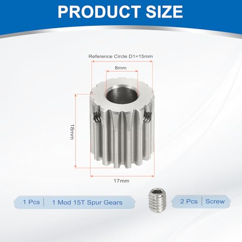 uxcell 1 Mod 15T Spur Gear 8mm Bore, 304 Stainless Steel Pinion Gear - size: 1 Mod 15T, 8mm
