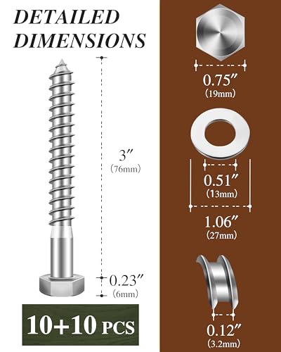 (2Box) 3/8" x 3" Hex Head Lag Screws Bolts with Flat Washers, 20Sets 304 Stainless Steel 18-8 Heavy Duty 3/8 Lag Bolts for Wood with Hex Socket - size: 3/8" x 3", style: 2-Box