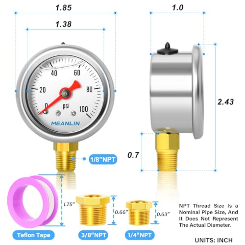 MEANLIN MEASURE 0~100Psi Stainless Steel 1/8" NPT 1.5" FACE DIAL, Glycerin Filled Pressure Gauge, Liquid Filled, Water Oil Air, Lower Mount, with 1/4" NPT and 3/8" NPT Hex Bushing - size: 0-100Psi