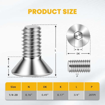 1/4-20 x 3/4" Flat Head Socket Cap Screws Countersunk Bolts, Allen Socket Drive, 304 Stainless Steel 18-8, Bright Finish, Pack of 50 - color: Silver, size: 1/4-20 x 3/4"