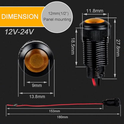 5pcs 12mm 12V-24V LED Indicator Light Plastic Black Signal Dot Lamp 12V-24V 1/2 inches Mounting Hole Size with 15cm/5.9in. Wire (Yellow LED) - color: Yellow, size: 12mm 12-24V