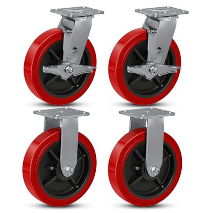 8"x 2" Heavy Duty Industrial Casters, Polyurethane on Polyolefin Core Wheel- Capacity up to 6000 Lbs (Set of 4), Use for Platform Truck, Industrial Equipment (2 Brake & 2 Rigid) - style: Size: 8 "