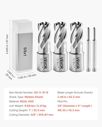 VEVOR Annular Cutter Set, 5 pcs Weldon Shank Mag Drill Bits Kit, 1" Cutting Depth, 5/8" Cutting Diameter, HSS, 3 Drill Bits with 2 Pilot Pins and 3 Plastic Cases, for Magnetic Drills, Steel, Aluminum - size: (5/8" * 1")