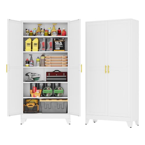 GAIOUS 75'' Tall Metal Garage Storage Cabinet,File Cabinet with 2 Doors and 5 Adjustable Shelves, Outdoor Steel Tool Cabinet for Home,Office,Warehouse,Garage,White - color: White, size: 18"D x 36"W x 75.2"H