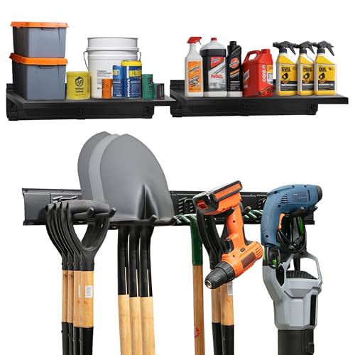 TIDYME Garage Tool Organizer Wall Mount 64", 2 Shelves & 4 Single Hooks - size: 64" Carbon Steel with 2 Racks & 4 Hooks