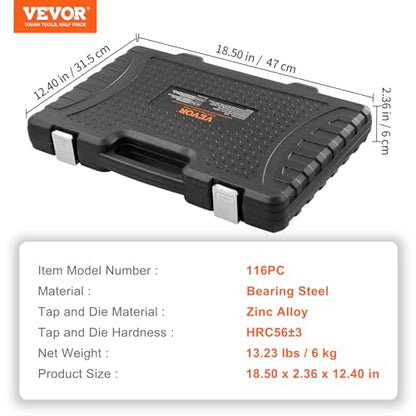 VEVOR Tap and Die Set 116 Pcs Metric and SAE Size Bearing Steel Taps Dies - size: 116pcs