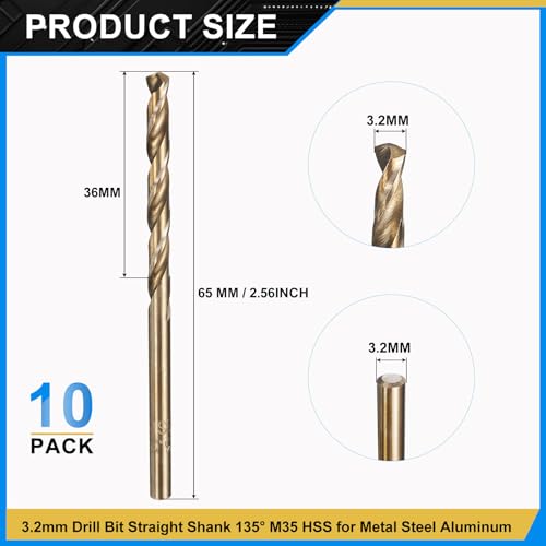 PATIKIL 3.2mm Drill Bit M35 Cobalt 5% High-Speed Steel for Metal 10 Pack - size: 3.2mm