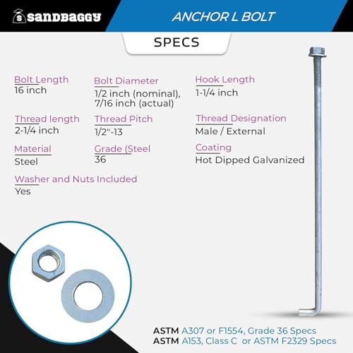 Sandbaggy 1/2" x 16" Threaded Concrete Anchor L-Bolts (Nuts & Washers Included) - Hot Dipped Galvanized - Sill Plate, Base Plate, Masonry, Wood, Cement Anchors, J Bolt (50, 1/2" x 16") - size: 1/2" x 16"
