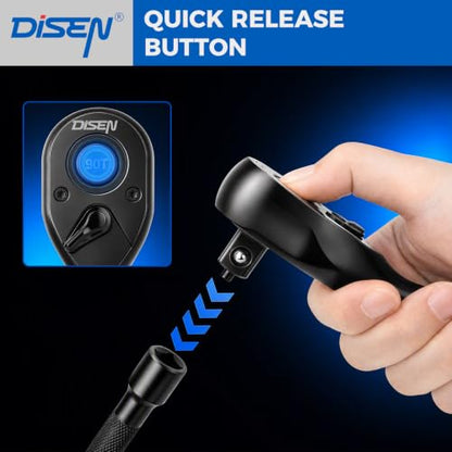 DISEN 3PCS Stubby Ratchet Set 1/2", 3/8", 1/4" Drive Socket Wrench, Black - size: 3PC Black Stubby Ratchet Set