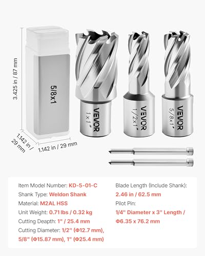 VEVOR Annular Cutter Set, 5 pcs Weldon Shank Mag Drill Bits Kit, 1" Cutting Depth, 1/2", 5/8", 1" Cutting Diameter, HSS, 3 Drill Bits with 2 Pilot Pins and 3 Plastic Cases, for Magnetic Drills, Steel - size: 1/2" - 1" * 1"