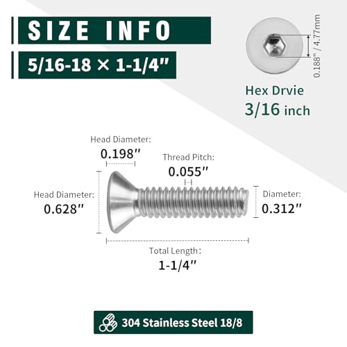 5/16-18 x 1-1/4" Flat Countersunk Head Socket Cap Screws, Full Machine Thread Coverage, Allen Hex Drive, 304 Stainless Steel 18-8 SS, 10 PCS - size: 5/16-18 x 1-1/4"