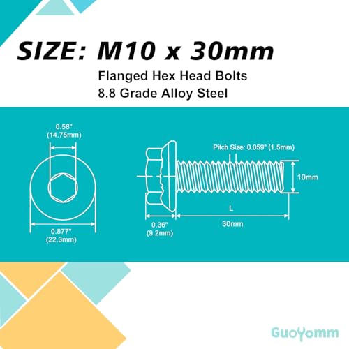 M10 x 30mm 10pcs Flanged Hex Head Bolts, M10 x 1.5 Bolts, Flange Hexagon Head Screws, 8.8 Grade Alloy Steel, Yellow Zinc Plated, Metric Fully Thread - size: M10 x 30mm(10PCS)