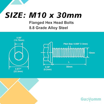 M10 x 30mm 10pcs Flanged Hex Head Bolts, M10 x 1.5 Bolts, Flange Hexagon Head Screws, 8.8 Grade Alloy Steel, Yellow Zinc Plated, Metric Fully Thread - size: M10 x 30mm(10PCS)