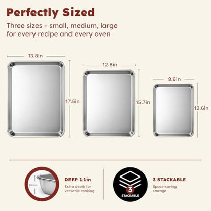 𝟒𝟏%𝟎𝐟𝐟 Baking Sheet Set of 3: Stainless Steel Cookie Sheets for Baking