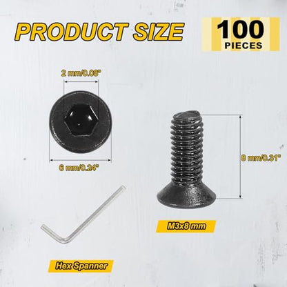 PATIKIL M3x8mm Flat Head Socket Cap Screws Carbon Steel Hex Spanner 100Pcs - size: M3x8 mm