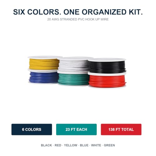 TUOFENG 20 AWG Stranded PVC Hook Up Wire, 6 Colors, 138 ft Tinned Copper - size: 20 AWG PVC Wire 6 colors 23ft each (138ft Total)