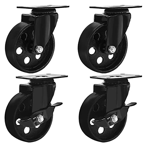 FactorDuty 4" Metal Swivel Plate Caster Wheels, Combo 2 Brake & 2 No Brake - size: 4" Combo