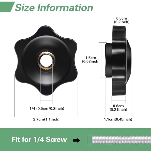 12 Pcs Star Knobs, 1/4-20 Female Threaded Hexagon Head Thru Clamping Knob, 6 Star 1/4 Inch 20 Jig T Knobs, Small, Black