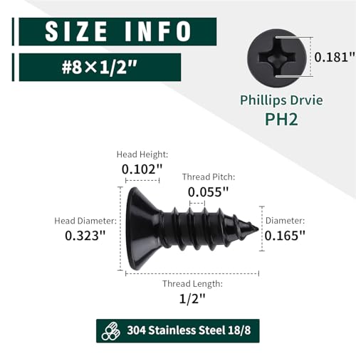 #8 x 1/2" Flat Head Phillips Sheet Metal Tek Screws, 304 Stainless Steel 18-8, Black Oxide Coated Finish, Corrosion Resistant Flat Head Wood Screws, 100 PCS - size: #8 x 1/2"