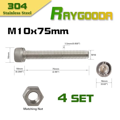 M10-1.5x75mm Socket Head Cap Screw and Nut Kit 4set, 304 Stainless Steel A2-70, Full Thread, Bright Finish - High Strength, Corrosion Resistant for Automotive, Machinery, DIY - size: M10x75mm(4 Sets）