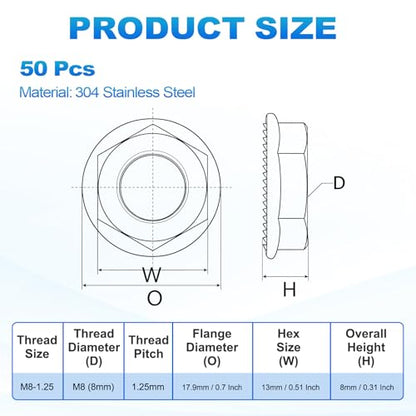 50Pcs Serrated Flange Hex Nuts-M8-1.25-Coarse 304 SS Bright Finish - color: Silver, size: M8-1.25