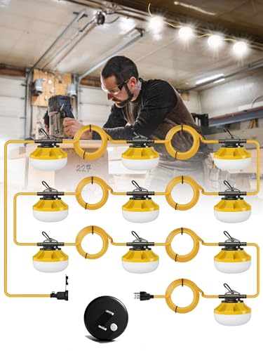 HYPERLITE Construction String Lights: 100FT 10 Bulbs Work Lights with 3 Prong - IP65 Waterproof Linkable LED Industrial Temporary Lighting for Construction Sites Attic Crawlspace Renovation - size: 100FT-3Prong