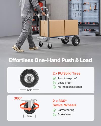 VEVOR 2 in 1 Hand Truck, 1000 lbs Load Capacity for 4-Wheel Mode, Convertible Hand Truck Dolly with Non-Slip Handle & Wheels, Portable Trolley Dolly for Moving Home, Office, Warehouse, Supermarket - size: 1000 lbs