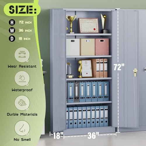 Oakcloud Oakmont Metal Storage Cabinet for Tool Organization, 72" Lockable Garage Storage Cabinets with 2 Doors and 4 Adjustable Shelves, Locking File Cabinet for Office, Home, School 72“ Wide-Grey - color: Grey, size: 72" H x 36" W x 18" D