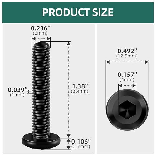 20Pcs M6-1.0 x 35mm Flat Head Socket Cap Screws Bolts 304 Stainless Steel Black Zinc Plated Furniture Bolts, Fully Threaded M6 Bolt with Hex Spanner - size: M6 x 35mm
