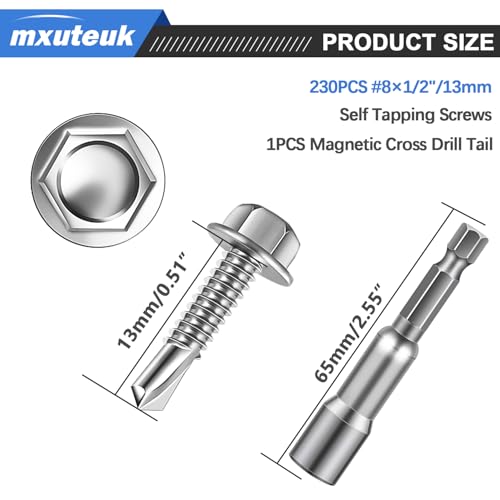 mxuteuk #8×1/2" Self Tapping Screws for Metal,410 Stainless Steel Self Drilling Screws,Hex Washer Head Sheet Metal Screws Suitable for Wood, Metal or Tough Materials (230PCS) - size: SV-#8 ×1/2