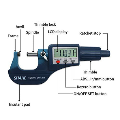 SHAHE Digital Micrometer 0-25mm / 0-1" Metric & Inch, 0.00005" Resolution, 0.0001" Accuracy