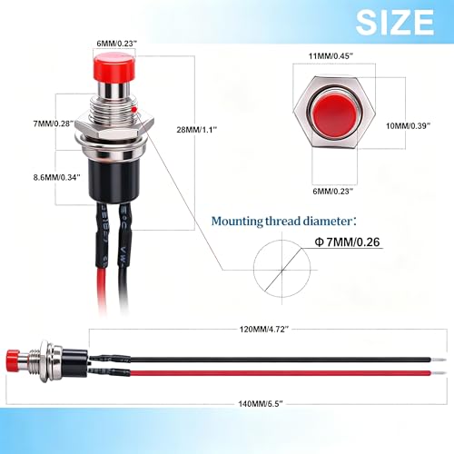 Twidec/4Pcs Latching Push Button Switch 3A 250V AC 2 Pins Self-Locking SPST ON/Off Black and Red Mini Switch Pre-soldered Wires L-PBS-110-XBKR - color: Black＆Red-7mm, size: Latching