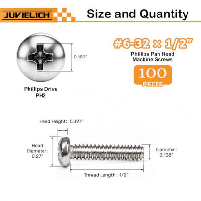 100PCS #6-32 x 1/2" Machine Screws, Phillips Pan Head, 304 Stainless Steel - size: 6#-32 x 1/2"