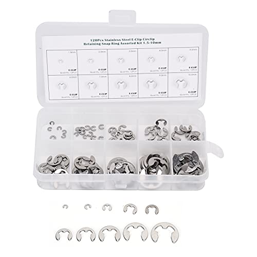 Metric E Clip Assortment, Burr Free External Retaining Rings Fastener Kit for Shaft Repair 304 Stainless Steel Silver 1.5mm to 10mm 120 Pieces