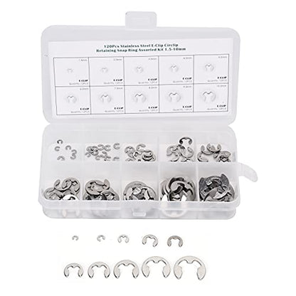 Metric E Clip Assortment, Burr Free External Retaining Rings Fastener Kit for Shaft Repair 304 Stainless Steel Silver 1.5mm to 10mm 120 Pieces