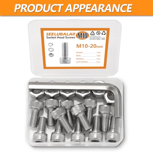 12 Sets Metric M10 Hex Socket Head Cap Screws Bolts Kit, M10-20mm Screws - size: M10 - 20mm