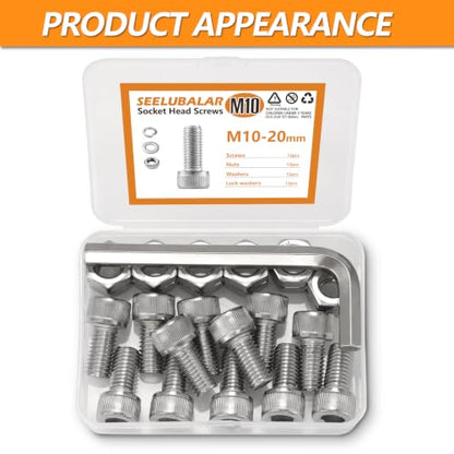 12 Sets Metric M10 Hex Socket Head Cap Screws Bolts Kit, M10-20mm Screws - size: M10 - 20mm