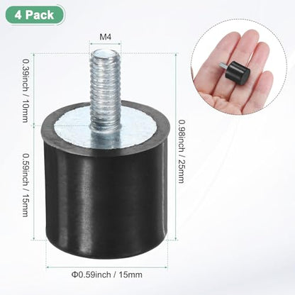 M METERXITY 4-Pack Rubber Mounts D15mmxH15mm Male Vibration Isolators Cylindrical Shock Absorber W M4 x 10mm Studs for Air Compressor/Car/Pump/Boat/Garage Motor/Bobbins Rubber Isolators - size: M4 x 10mm, 15mm x 15mm