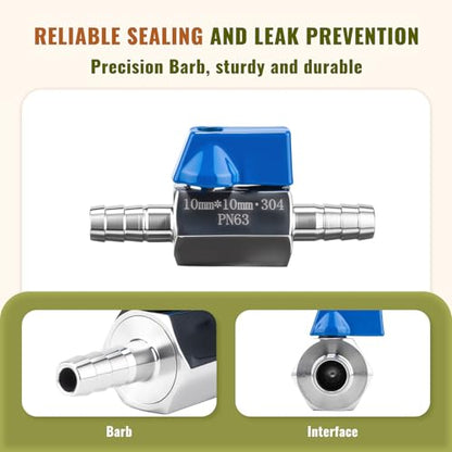 2 Pack 1/4" Hose ID Barb Mini Ball Valve, 304 Stainless Steel Small Shut Off Valve with Clamps Kit for Water Oil Gas (1/4 Inch) - size: 1/4 Inch