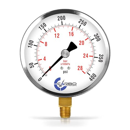 Carbo 400 PSI Dry Pressure Gauge with NIST Traceable Certificate, Calibrated in USA Lab, 4" Dial, 1/4 NPT Lower Mount, ASME Grade A, Steel Case, Brass Wetted Parts, PSI/Bar - size: 0-400 PSI, style: NIST TRACEABLE