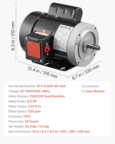VEVOR 0.5 HP Electric Motor, 1725RPM Air Compressor Motor, CW/CCW Rotation, 5/8 inch Shaft Diameter, 1.88inch Shaft Length, 2.07N.m Torque, Single-Phase, TEFC Cooling, 115V/230V, 56 Frame - size: 0.5 HP Single Phase-1.88 in Shaft Length