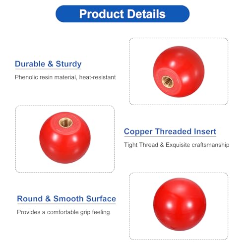 uxcell Threaded Ball Knobs, M5 Female Thread Thermoset Ball Knob 25mm Dia Round Operation Ball Handles with Copper Insert for Machine Lever Handle, Red - color: Red, size: M5x25mm