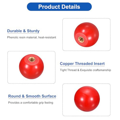 uxcell Threaded Ball Knobs, M5 Female Thread Thermoset Ball Knob 25mm Dia Round Operation Ball Handles with Copper Insert for Machine Lever Handle, Red - color: Red, size: M5x25mm