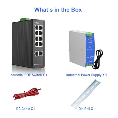 Industrial 8-Port Full Gigabit POE+ Switch with Industrial DIN-Rail Power Supply, 2 Gigabit Uplink Port, Total 120W Budget, DIN-Rail POE Switch for IP Cameras, VoIP Phones, Wireless APs