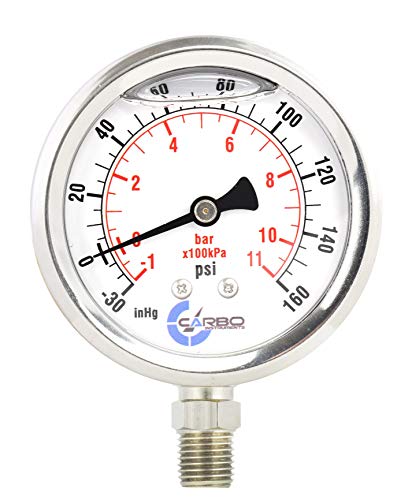 1-1/2" Pressure Gauge, Stainless Steel Case, Chrome Plated Brass Connection, Lqiuid Filled, Compound Vacuum -30 Hg - 0-160 psi Lower Mount 1/8" NPT - style: -30 / 0 / +160 inHg/psi