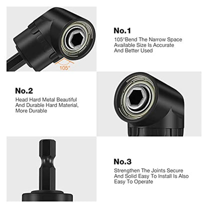 17pcs Flexible Drill Bit Extension, Include 3pcs Impact Socket Adapter 2pcs Hex Shank 105° Right Angle Drill Attachment 10 Short Screwdriver Bits Bendable Drill Bit Extension and 90° Angled Bits - color: 17p*black