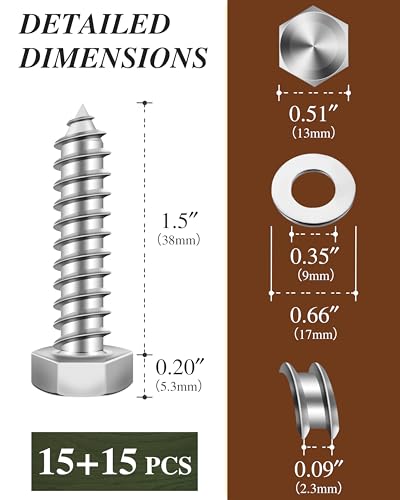(2Box) 5/16" x 1-1/2" Hex Head Lag Screws Bolts with Flat Washers, 30Sets 304 Stainless Steel 18-8 Heavy Duty 5/16 Lag Bolts for Wood with Hex Socket - size: 5/16" x 1-1/2", style: 2-Box