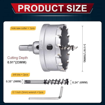 Tungsten Carbide Tipped Hole Saw 3-1/16 Inch 78mm Hole Cutter - size: 3-1/16 Inch (78mm)