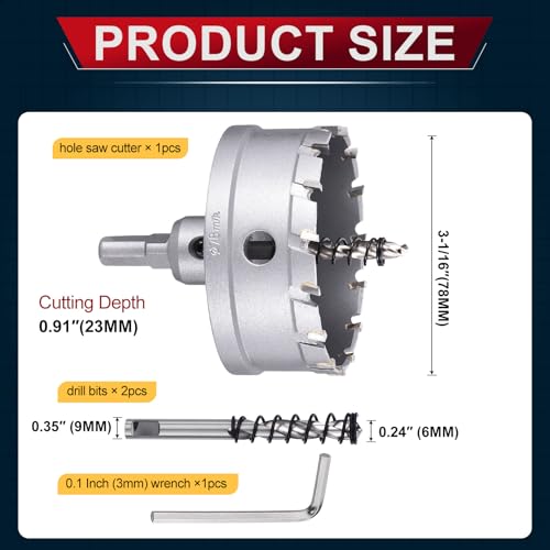 Tungsten Carbide Tipped Hole Saw 3-1/16 Inch 78mm Hole Cutter - size: 3-1/16 Inch (78mm)