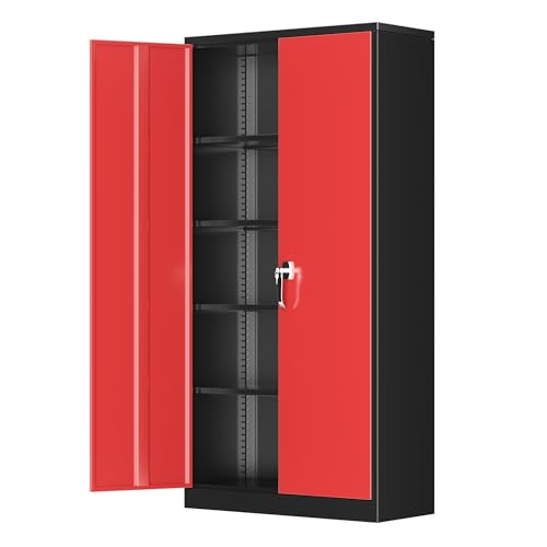 Greenvelly Metal Garage Storage Cabinet with 2 Doors and 4 Adjustable Shelves, 72”H Steel Lockable Storage Cabinet,Tall Metal Cabinet Locking File Cabinet for Office,Home, Garage, Gym, School - color: Black Red, style: 72"H-Large
